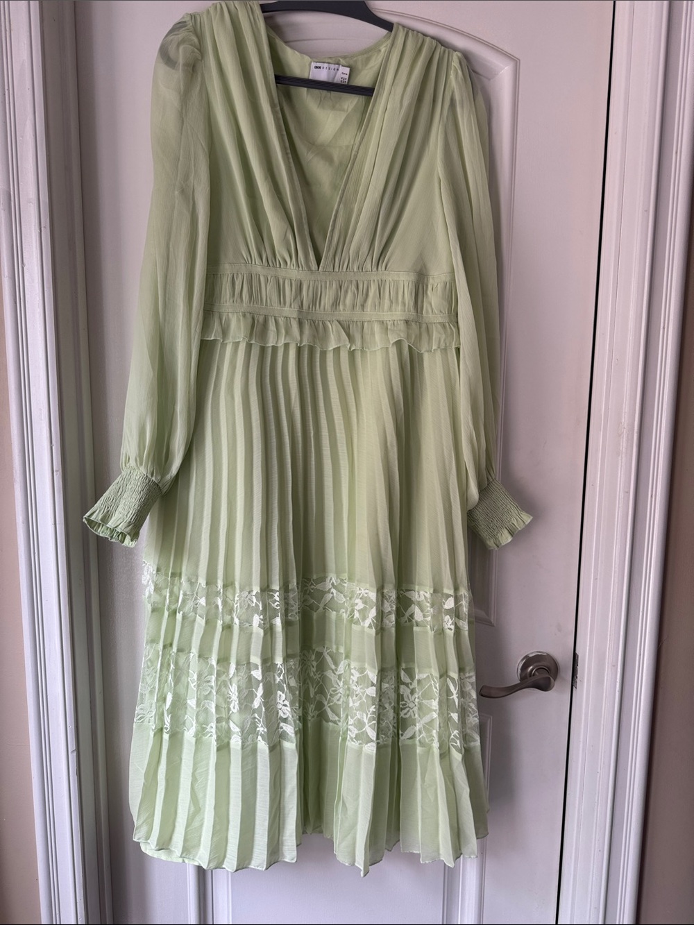 ASOS Pale Green Pleated V-Neck Midi Dress